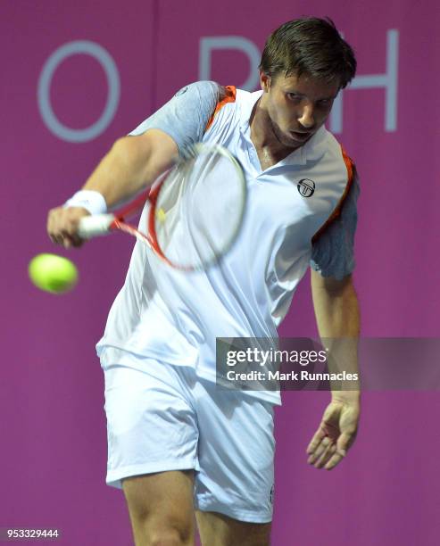 Igor Sijsling of Netherlands in action during his singles match against Bernabe Zapata Miralles of Spain on the fourth day of The Glasgow Trophy at...