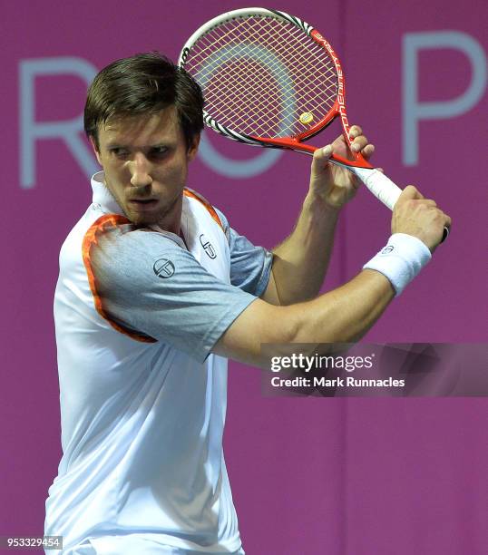 Igor Sijsling of Netherlands in action during his singles match against Bernabe Zapata Miralles of Spain on the fourth day of The Glasgow Trophy at...