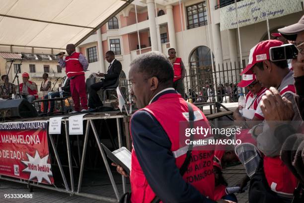 Malagasy trade-union responsible delivers a speech on stage during the traditional may day demonstration called by opposition deputies, and workers'...