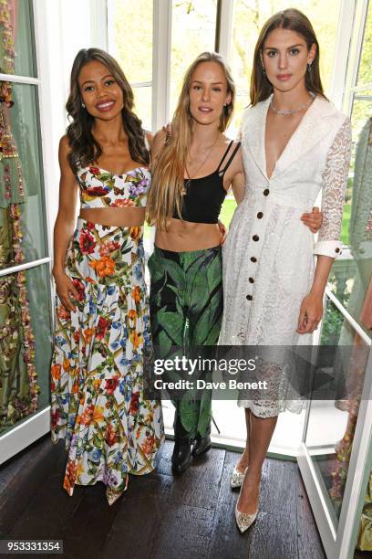 Viscountess Emma Weymouth, Hum Fleming and Sabrina Percy attend the launch of BeeBazaar.co.uk supported by Perrier-Jouet at Annabel's on May 1, 2018...