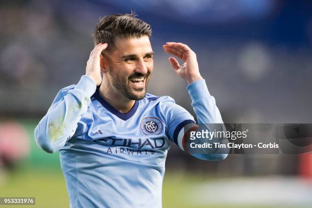 April 29: David Villa of New York City reacts during the match in which he scored his 400th career goal during the New York City FC Vs FC Dallas...