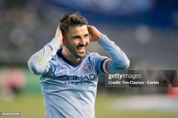 April 29: David Villa of New York City reacts during the match in which he scored his 400th career goal during the New York City FC Vs FC Dallas...