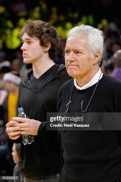 Alex Trebek and his son Matt attends a game between the Cleveland Cavaliers and the Los Angeles Lakers at Staples Center on December 25, 2009 in Los...