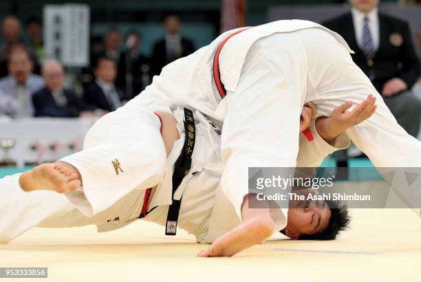 Takeshi Ojitani and Yusei Ogawa compete in the semi final of the All Japan Judo Championship at the Nippon Budokan on April 29, 2018 in Tokyo, Japan.