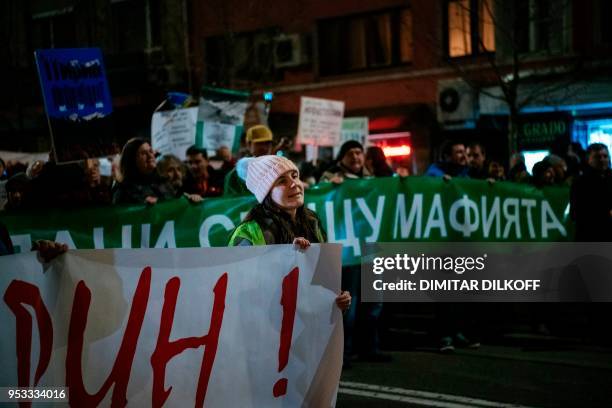 Environmental protesters demonstrate against recent changes in the management plan of the country's Pirin national park to the southwest, that they...