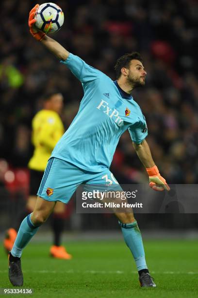 Orestis Karnezis of Watford in action during the Premier League match between Tottenham Hotspur and Watford at Wembley Stadium on April 30, 2018 in...