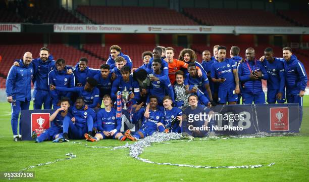 Chelsea U18 players with FA Youth Cup during FA Youth Cup Final 2nd Leg match between Arsenal U18 against Chelsea U18 at Emirates stadium, London...