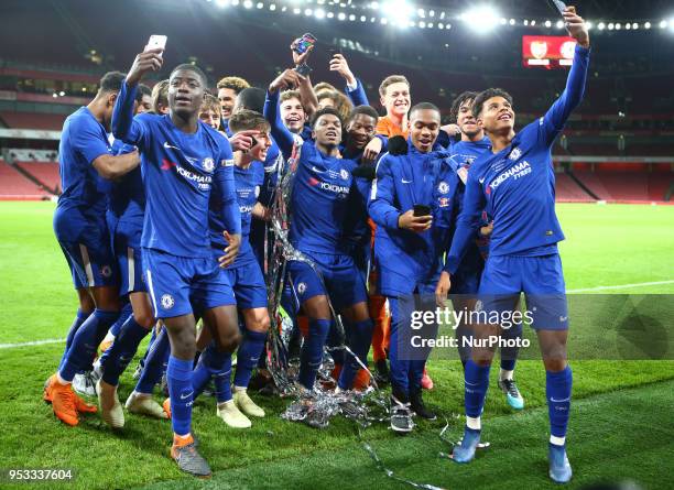 Chelsea U18 players celebrates they win After FA Youth Cup Final 2nd Leg match between Arsenal U18 against Chelsea U18 at Emirates stadium, London...