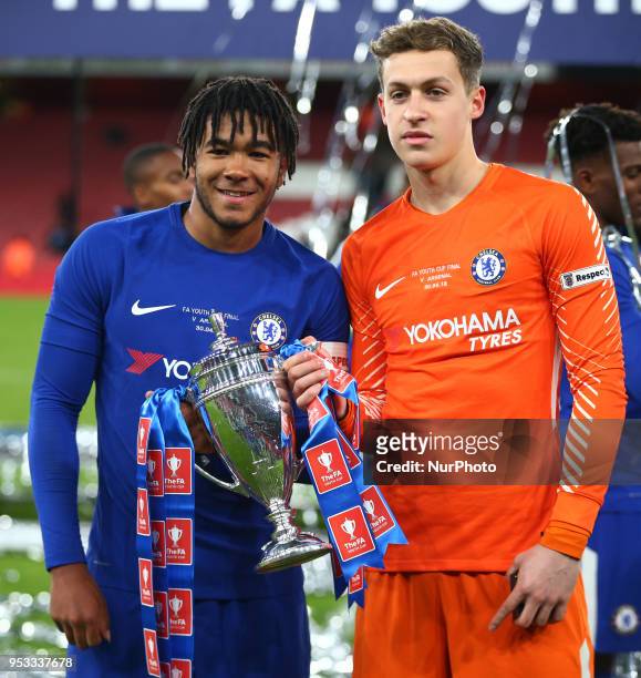 Reece James and Goalkeeper Jamie Cumming of Chelsea U18 with the FA Youth Cup Trophy After FA Youth Cup Final 2nd Leg match between Arsenal U18...