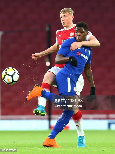 Danny Ballard of Arsenal U18 holds onto Daishawn Redan of Chelsea U18 during FA Youth Cup Final 2nd Leg match between Arsenal U18 against Chelsea U18...