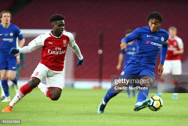 Xavier Amaechi of Arsenal U18 and Reece James of Chelsea U18 during FA Youth Cup Final 2nd Leg match between Arsenal U18 against Chelsea U18 at...