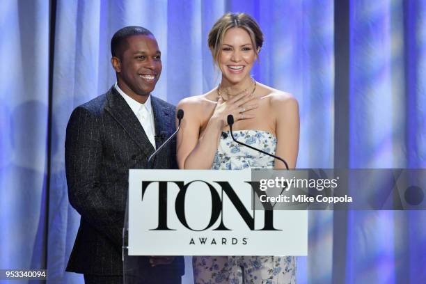 Actors Leslie Odom Jr. And Katharine McPhee speak onstage during the 2018 Tony Awards Nominations Announcement at The New York Public Library for the...