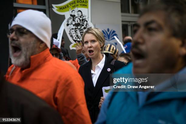 New York gubernatorial candidate Cynthia Nixon marches with activists as they rally against financial institutions' support of private prisons and...