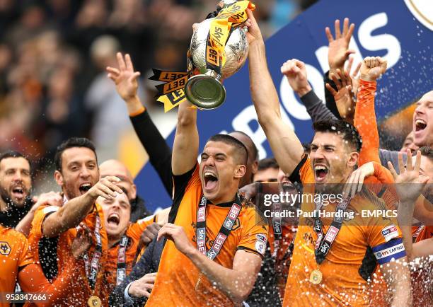 Wolverhampton Wanderers' Conor Coady and Danny Batth celebrate with the trophy after the final whistle Wolverhampton Wanderers v Sheffield Wednesday...