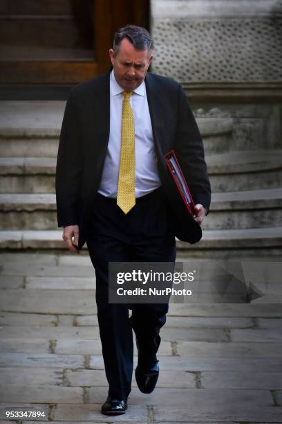 Secretary of State for International Trade and President of the Board of Trade Liam Fox arrives to attend the first cabinet meeting following the...