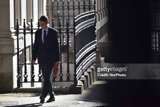 Secretary of State for Defence Gavin Williamson arrives to attend the first cabinet meeting following the Re-Shuffle at Downing Street on May 1, 2018...