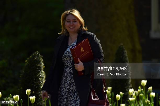 Karen Bradley, Secretary of State for Northern Ireland attends the first cabinet meeting following the Re-Shuffle at Downing Street on May 1, 2018 in...