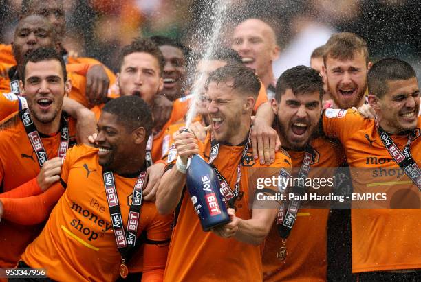 Wolverhampton Wanderers' Ivan Cavaleiro and Barry Douglas celebrate their victory after the final whistle Wolverhampton Wanderers v Sheffield...