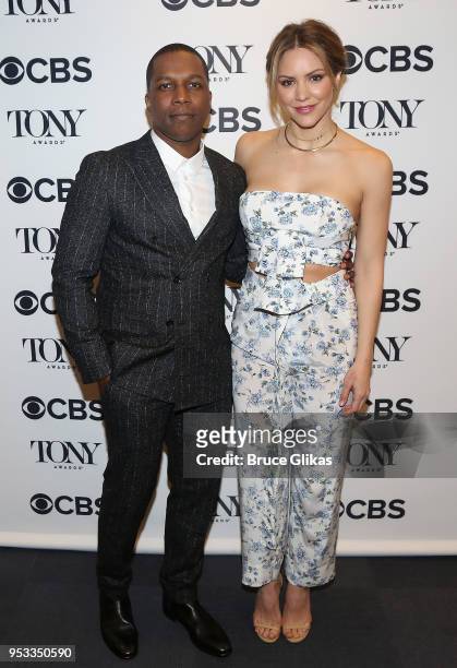Leslie Odom Jr and Katharine McPhee pose backstage at the 2018 Tony Award nominations at The New York Public Library for the Performing Arts on May...