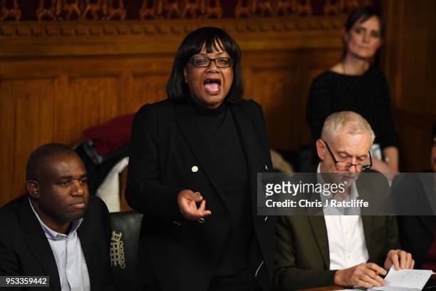 Shadow Home Secretary Diane Abbott speaks during a meeting with representatives of the Windrush generation as Labour MP David Lammy and Labour leader...