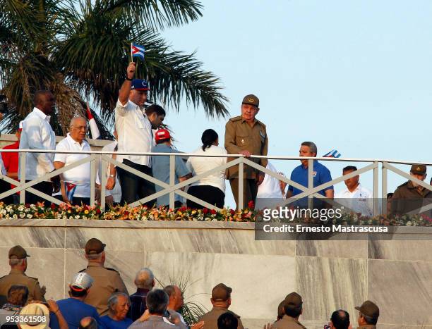 President of Cuba Miguel Díaz-Canel along with the current first secretary of the Communist Party of Cuba , Raúl Castro arrive to the Plaza de la...