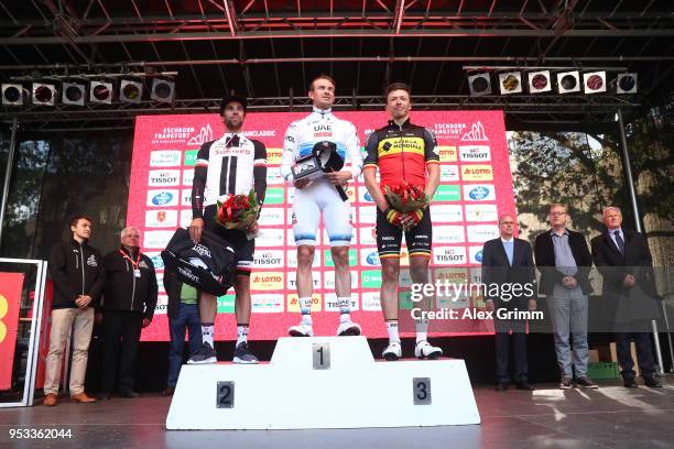 Podium / Michael Matthews of Australia and Team Sunweb / Alexander Kristoff of Norway and UAE Team Emirates / Celebration / Oliver Naesen of Belgium...