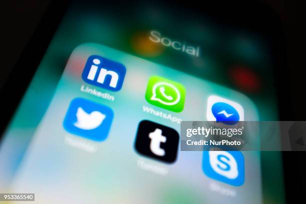 Whatsapp Messenger logo is pictured ona mobile phone display, London on May 1, 2018. The chief executive and co-founder of WhatsApp, the...