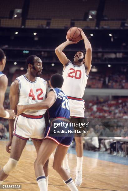 All Star Game: NBA Walt Frazier in action, shooting vs ABA at Astrodome. Supergame I. Houston, TX 5/28/1971 CREDIT: Neil Leifer