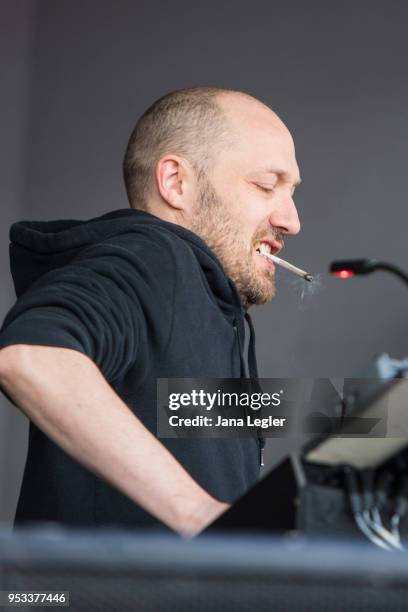 German Techno musician Paul Kalkbrenner performs live on stage during a concert at the Aufbau Haus on May 1, 2018 in Berlin, Germany.
