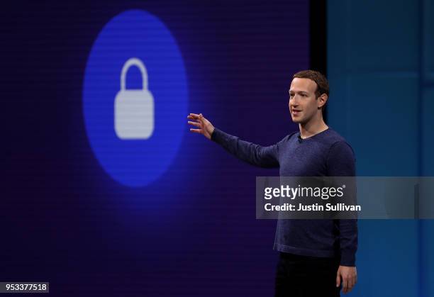 Facebook CEO Mark Zuckerberg speaks during the F8 Facebook Developers conference on May 1, 2018 in San Jose, California. Facebook CEO Mark Zuckerberg...