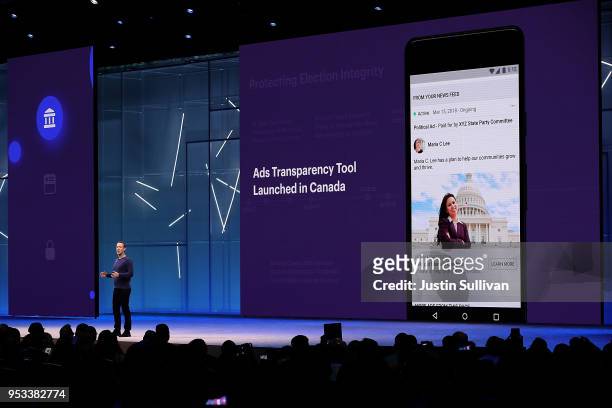 Facebook CEO Mark Zuckerberg speaks during the F8 Facebook Developers conference on May 1, 2018 in San Jose, California. Facebook CEO Mark Zuckerberg...