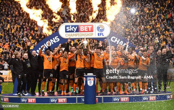 Wolverhampton Wanderers celebrate winning the Championship during the Sky Bet Championship match between Wolverhampton Wanderers and Sheffield...