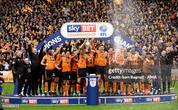 Wolverhampton Wanderers celebrate winning the Championship during the Sky Bet Championship match between Wolverhampton Wanderers and Sheffield...