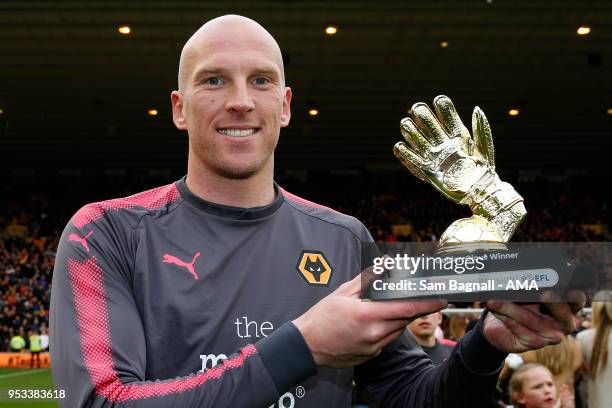 Wolverhampton Wanderers goalkeeper John Ruddy with the EFL Championship Golden Gloves trophy during the Sky Bet Championship match between...
