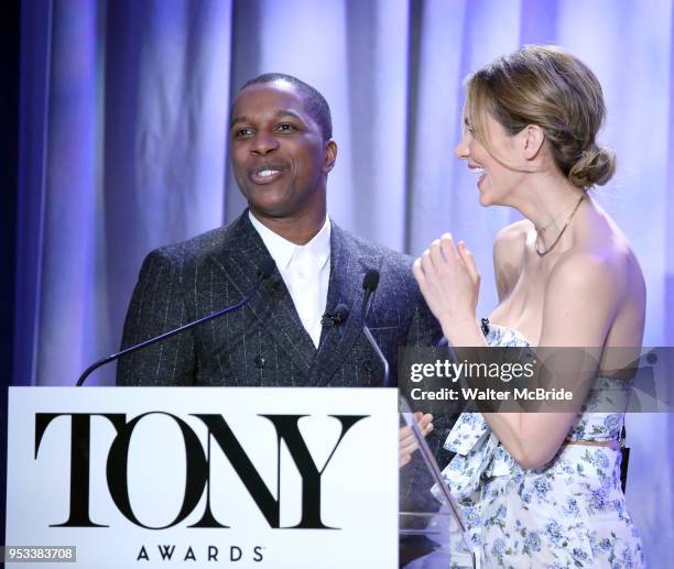 Leslie Odom Jr. And Katharine McPhee attend the 2018 Tony Awards Nominations Announcement at The New York Public Library for the Performing Arts on...