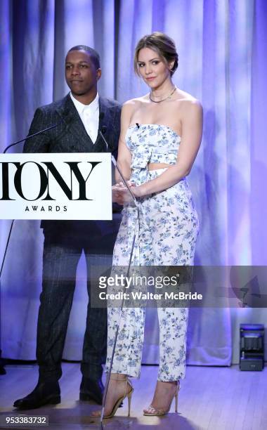Leslie Odom Jr. And Katharine McPhee attend the 2018 Tony Awards Nominations Announcement at The New York Public Library for the Performing Arts on...
