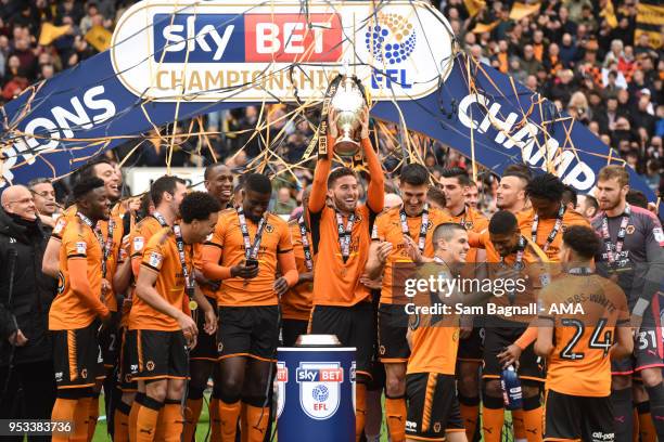 Wolverhampton Wanderers celebrate winning the Championship during the Sky Bet Championship match between Wolverhampton Wanderers and Sheffield...