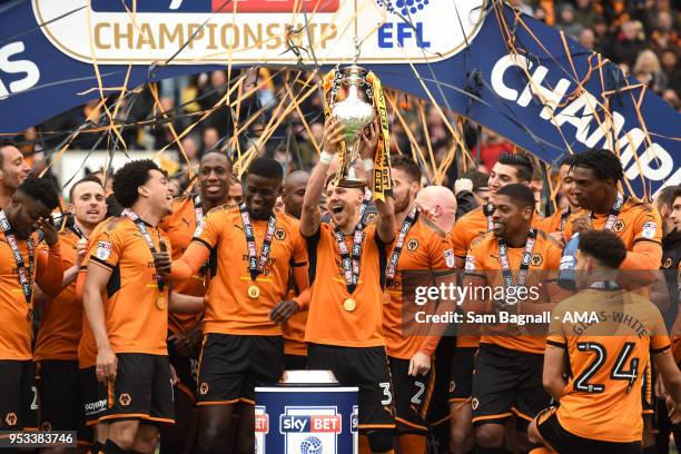 Wolverhampton Wanderers celebrate winning the Championship during the Sky Bet Championship match between Wolverhampton Wanderers and Sheffield...