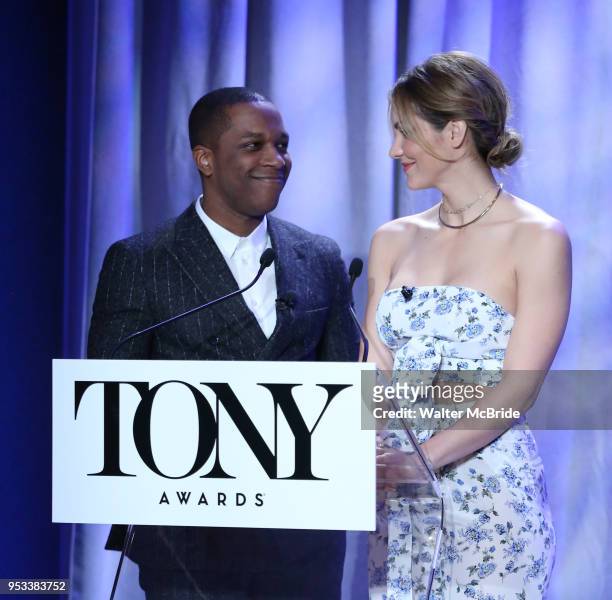 Leslie Odom Jr. And Katharine McPhee attend the 2018 Tony Awards Nominations Announcement at The New York Public Library for the Performing Arts on...