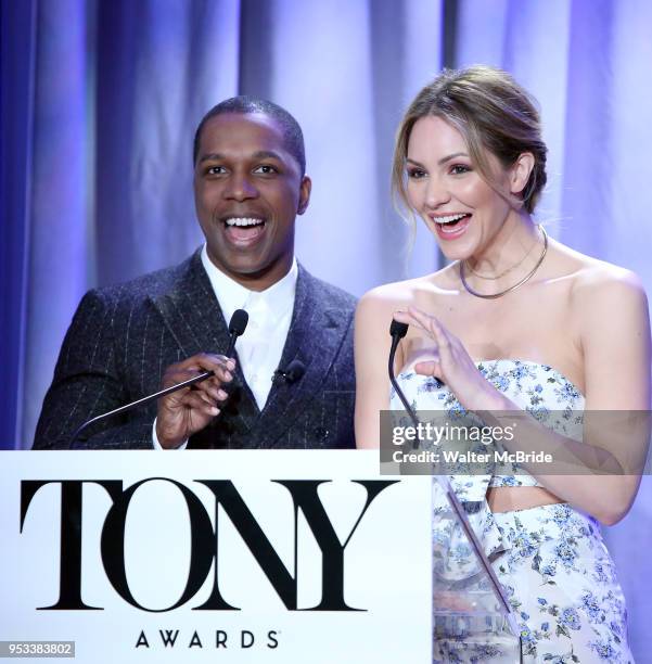 Leslie Odom Jr. And Katharine McPhee attend the 2018 Tony Awards Nominations Announcement at The New York Public Library for the Performing Arts on...