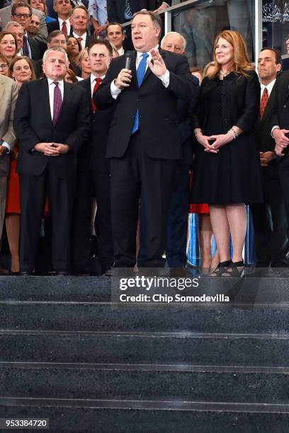 Secretary of State Mike Pompeo delivers remarks during a welcome ceremony with is wife Susan Pompeo in the lobby of the Harry S. Truman Building May...