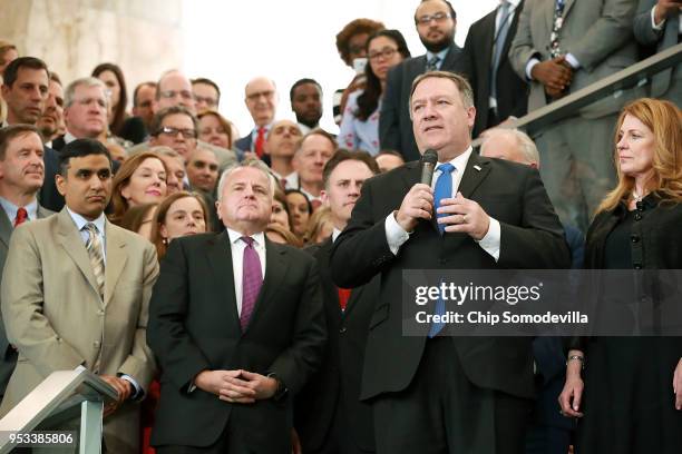 Secretary of State Mike Pompeo delivers remarks during a welcome ceremony with is wife Susan Pompeo in the lobby of the Harry S. Truman Building May...