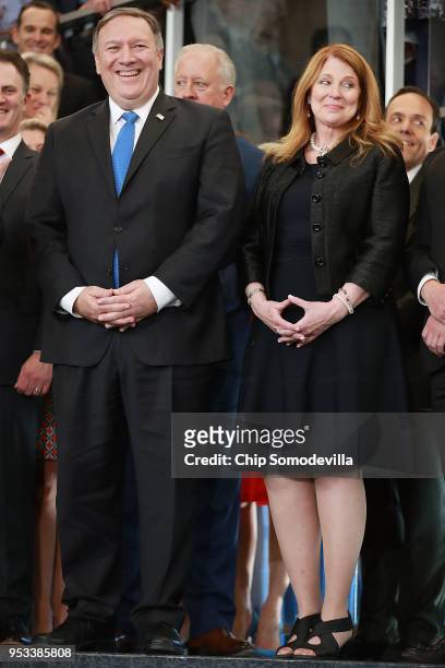 Secretary of State Mike Pompeo and his wife Susan Pompeo are welcomed to the State Department during a ceremony in the lobby of the Harry S. Truman...