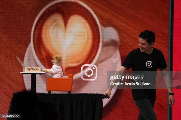 Instagram star user JiffPom appears during the F8 Facebook Developers conference on May 1, 2018 in San Jose, California. Facebook CEO Mark Zuckerberg...