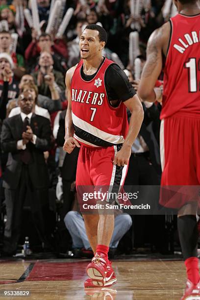 Brandon Roy of the Portland Trail Blazers yells with excitement during a game against the Denver Nuggets on December 25, 2009 at the Rose Garden...
