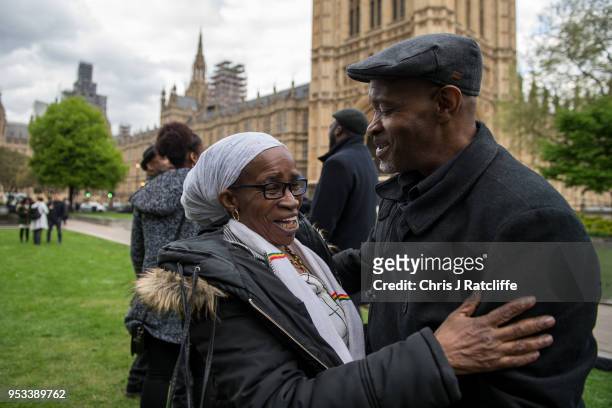 Paulette Wilson and Anthony Bryan embrace on College Green after members of the Windrush generation and their families attend a meeting with MPs at...