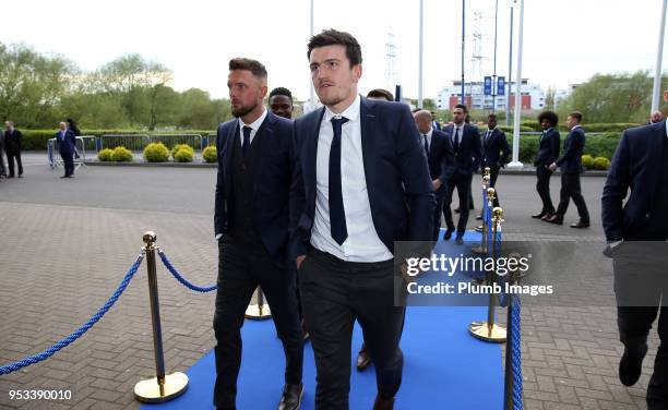 Harry Maguire and Ben Hamer of Leicester City arrive at King Power Stadium ahead of the Leicester City Player of the Year Awards at King Power...