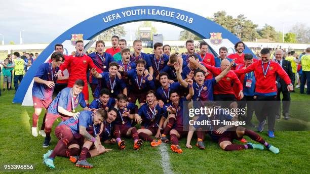 Presentation ceremony of Barcelona after the UEFA Youth League Final match between Chelsea FC and FC Barcelona at Colovray Sports Centre on April 23,...