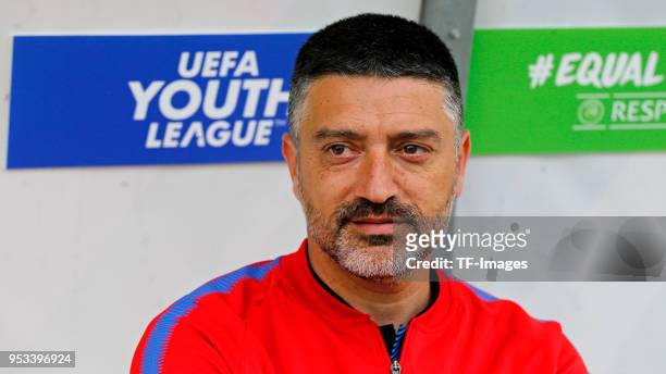 Head coach Francisco Pimienta of Barcelona looks on prior to the UEFA Youth League Final match between Chelsea FC and FC Barcelona at Colovray Sports...