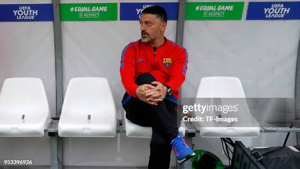 Head coach Francisco Pimienta of Barcelona looks on during the UEFA Youth League Final match between Chelsea FC and FC Barcelona at Colovray Sports...